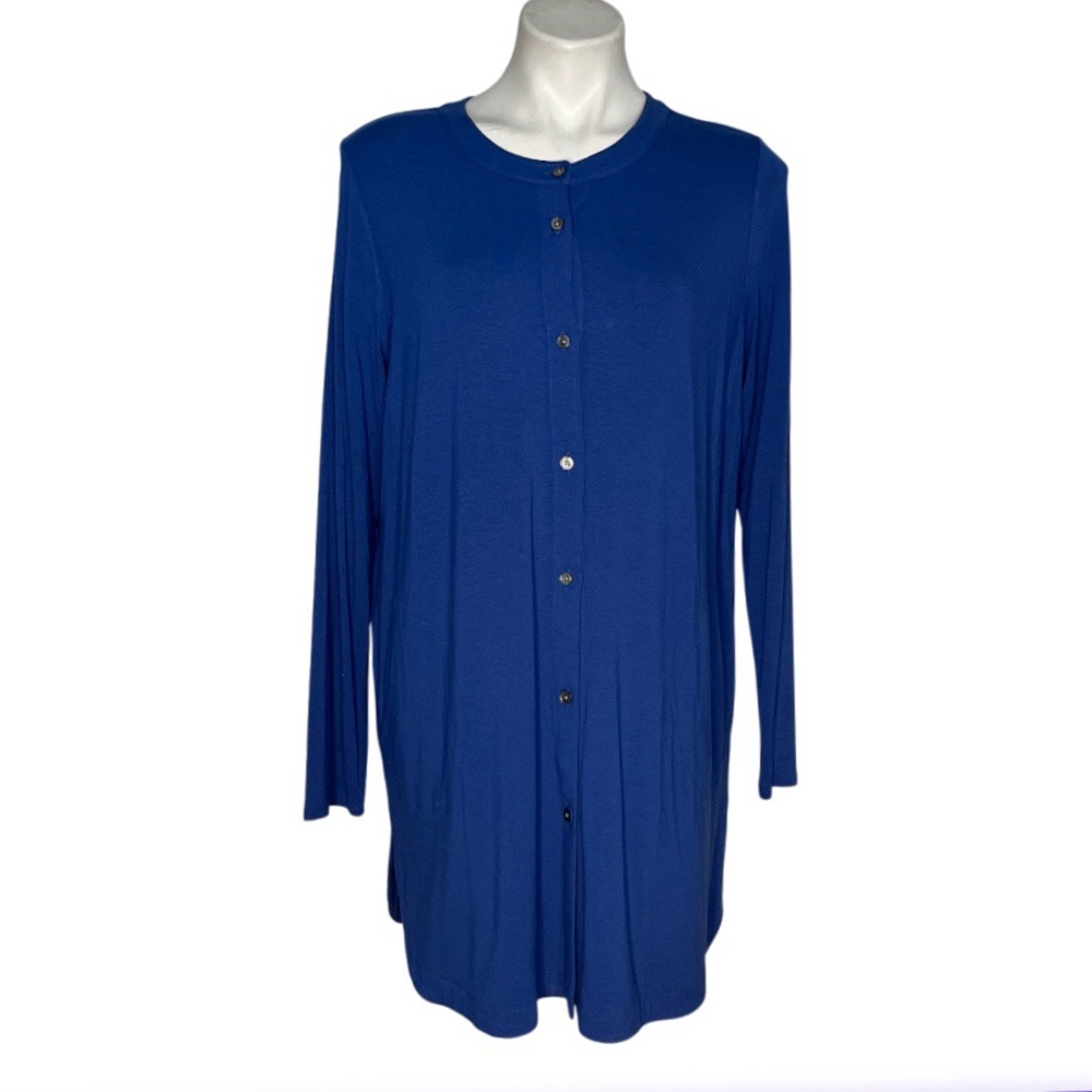 J JILL Blue Tunic Top Stretch Rayon Button Front Back Box Pleat Size Large